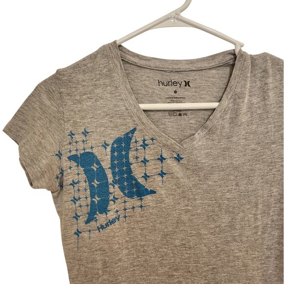 Hurley Y2K Heather Gray Slim Tee Shirt Top with Blue Graphic Casual Size Medium - Picture 2 of 4